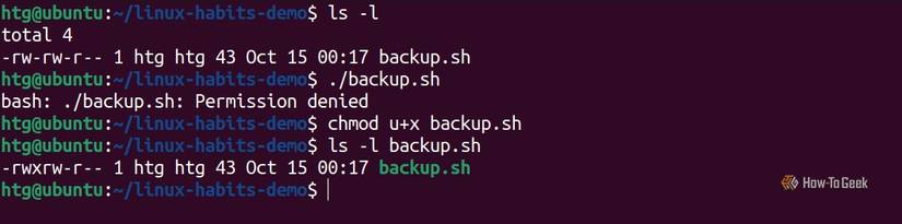 The terminal displays file permissions, attempts to run a script, and makes it executable with chmod u+x after a permission error.