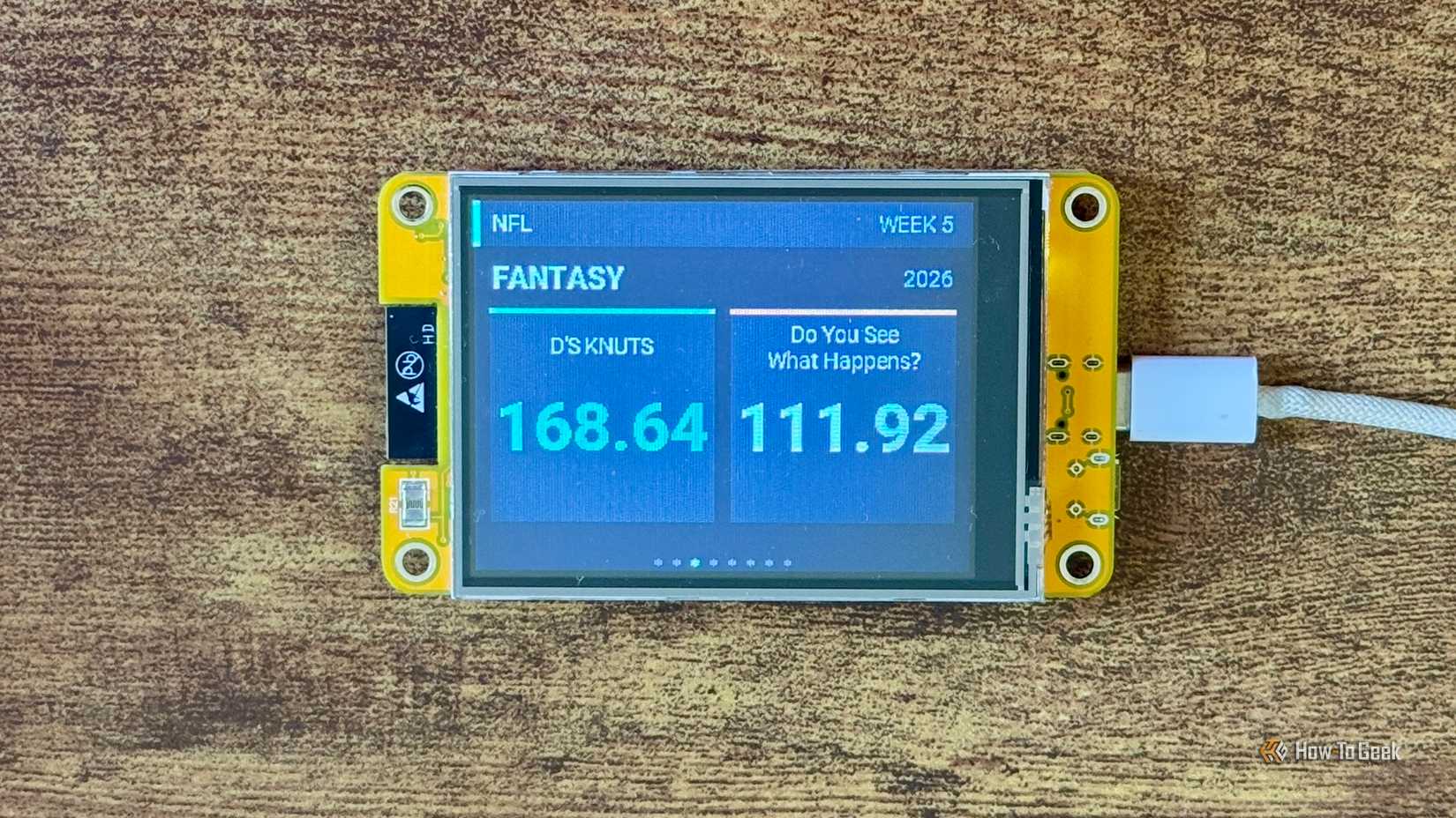 Cheap Yellow Display NFL scoreboard Fantasy screen showing a Sleeper matchup between DS KNUTS and Do You See What Happens.