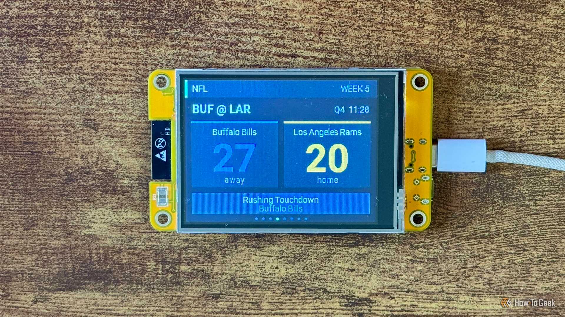 Cheap Yellow Display NFL scoreboard showing Buffalo Bills at Los Angeles Rams in the fourth quarter with a Buffalo Bills Rushing Touchdown alert.