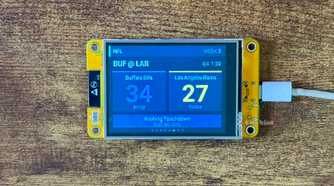 Cheap Yellow Display NFL scoreboard showing Buffalo Bills leading Los Angeles Rams 34 27 late in the fourth quarter after a Rushing Touchdown.