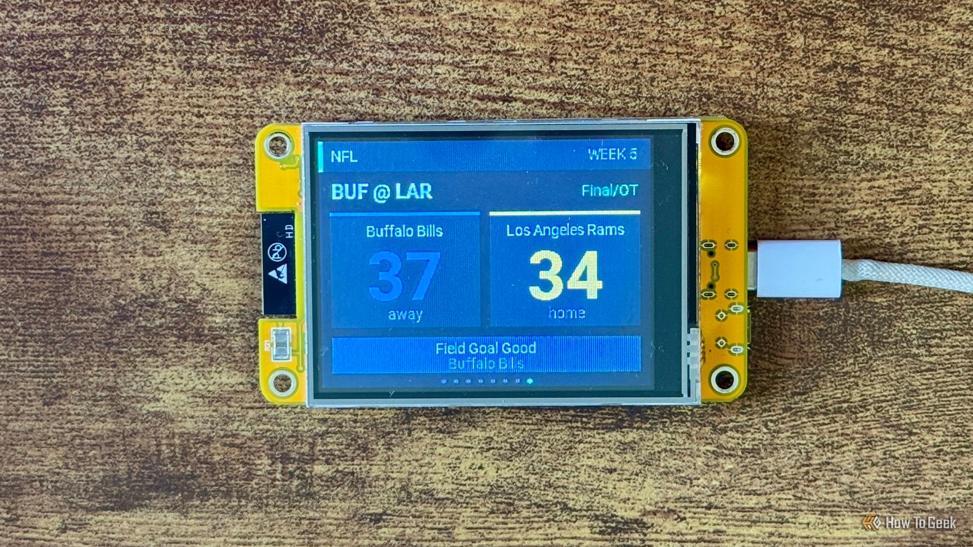 Cheap Yellow Display NFL scoreboard showing the Buffalo Bills beating the Los Angeles Rams 37 34 in overtime with a Field Goal Good alert.