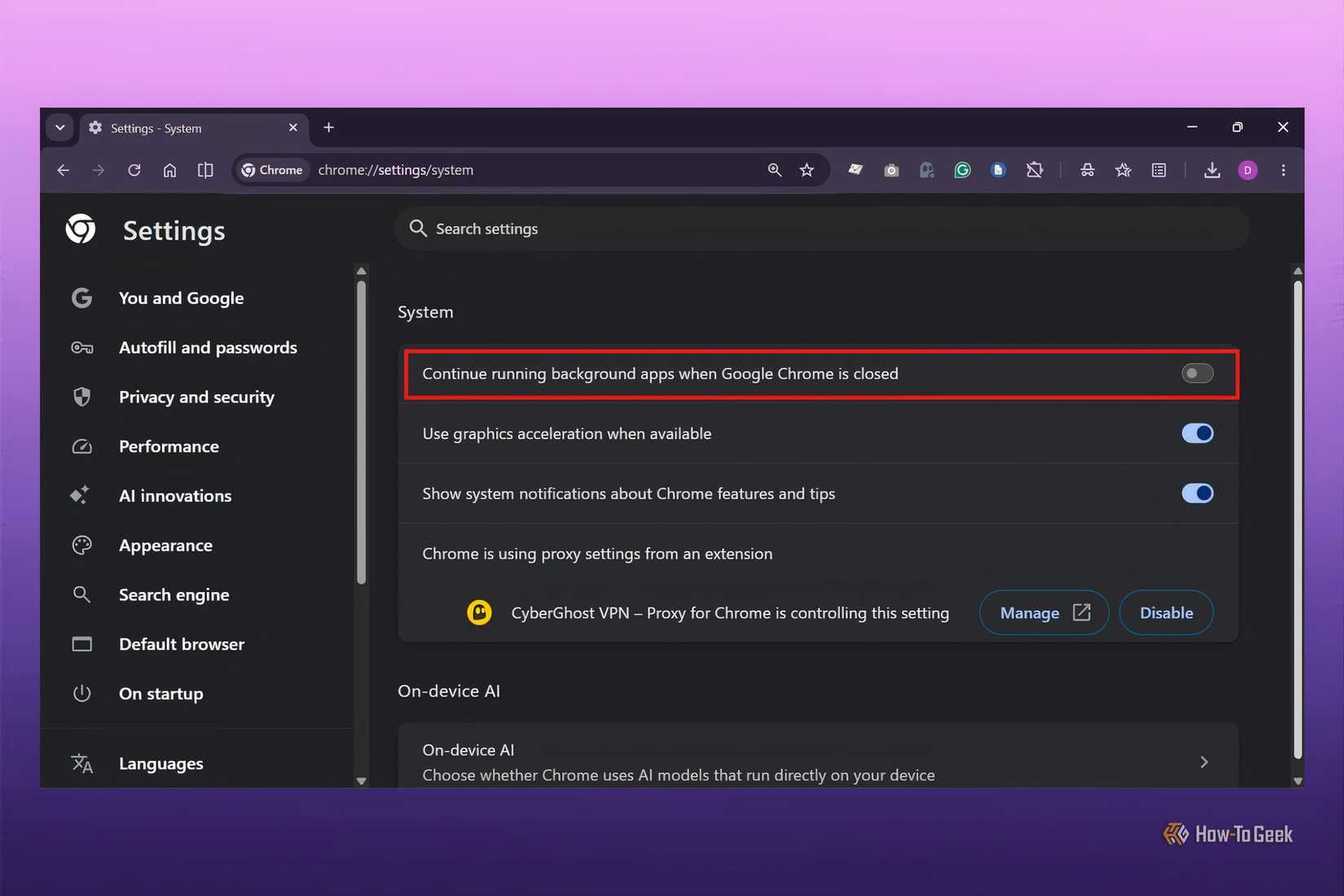Disable Continue running background apps settings open in Chrome.