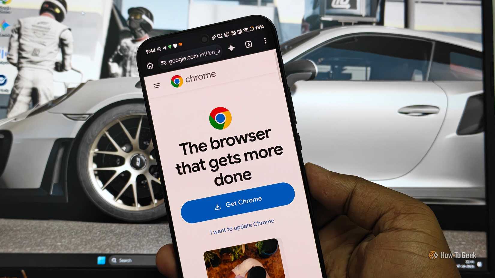 A smartphone displaying Google Chrome’s Android webpage, with the Chrome logo and a “The browser that gets more done” message above a “Get Chrome” button.