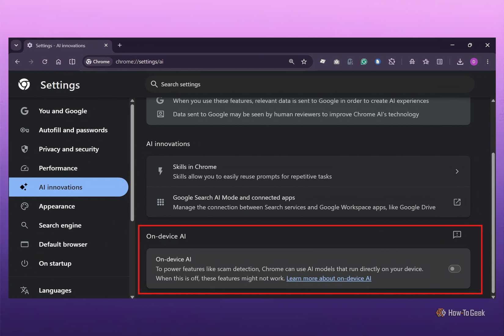 Disabling on-device AI feature in Chrome in settings.
