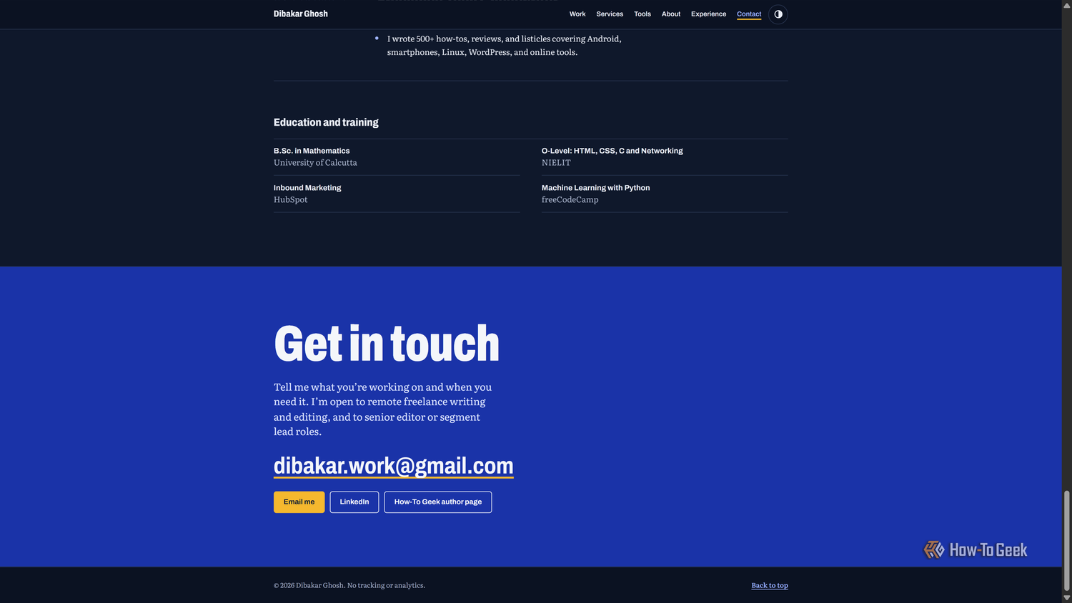 Claude-built portfolio Education and training grid and blue Get in touch section with email and LinkedIn buttons.