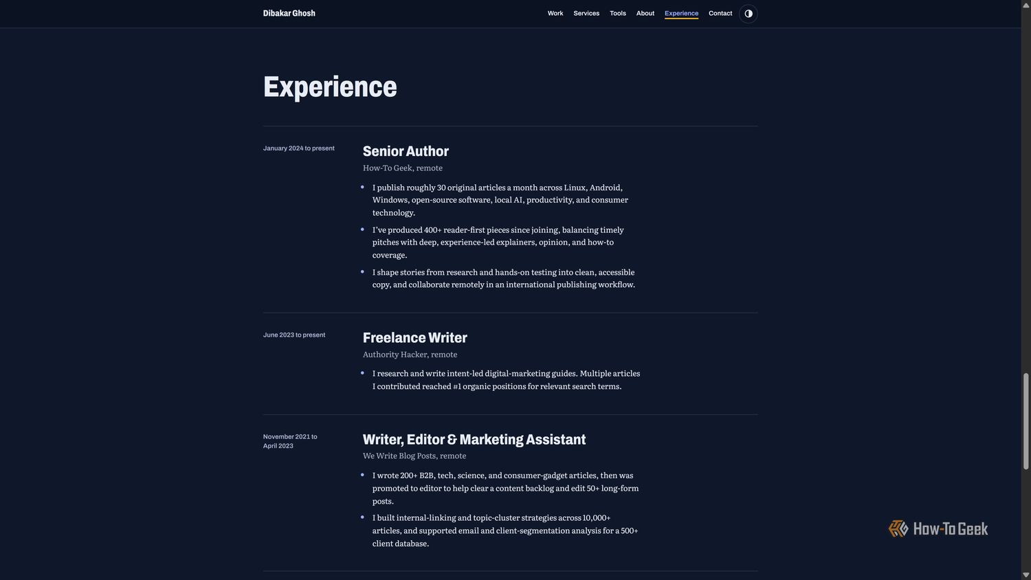 Claude-built portfolio Experience timeline with Senior Author at How-To Geek and earlier roles.