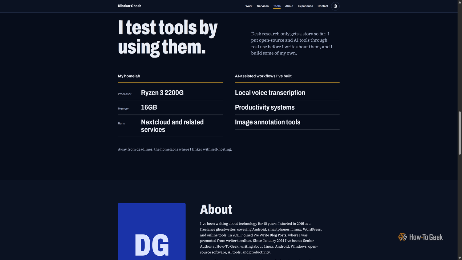 Claude-built portfolio I test tools by using them section listing homelab specs and AI-assisted workflows.