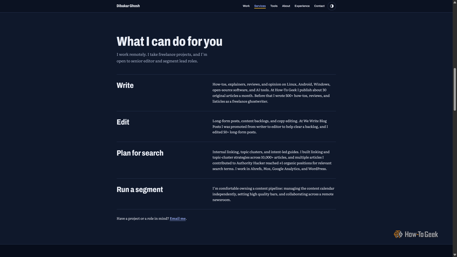 Claude-built portfolio What I can do for you section listing Write, Edit, Plan for search, and Run a segment.