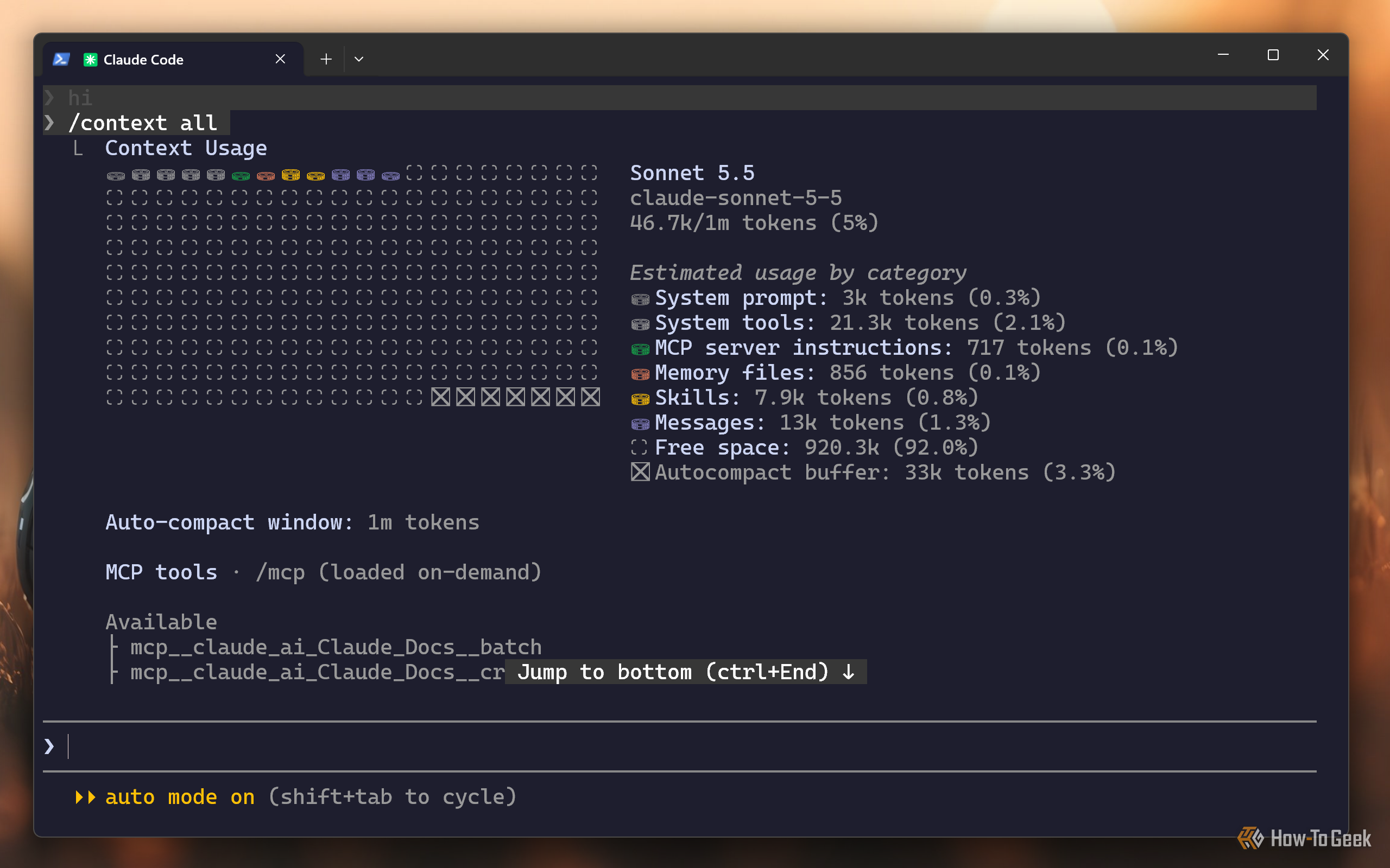 Claude Code CLI context all command showing 46.7K tokens with MCP tools loaded on demand.