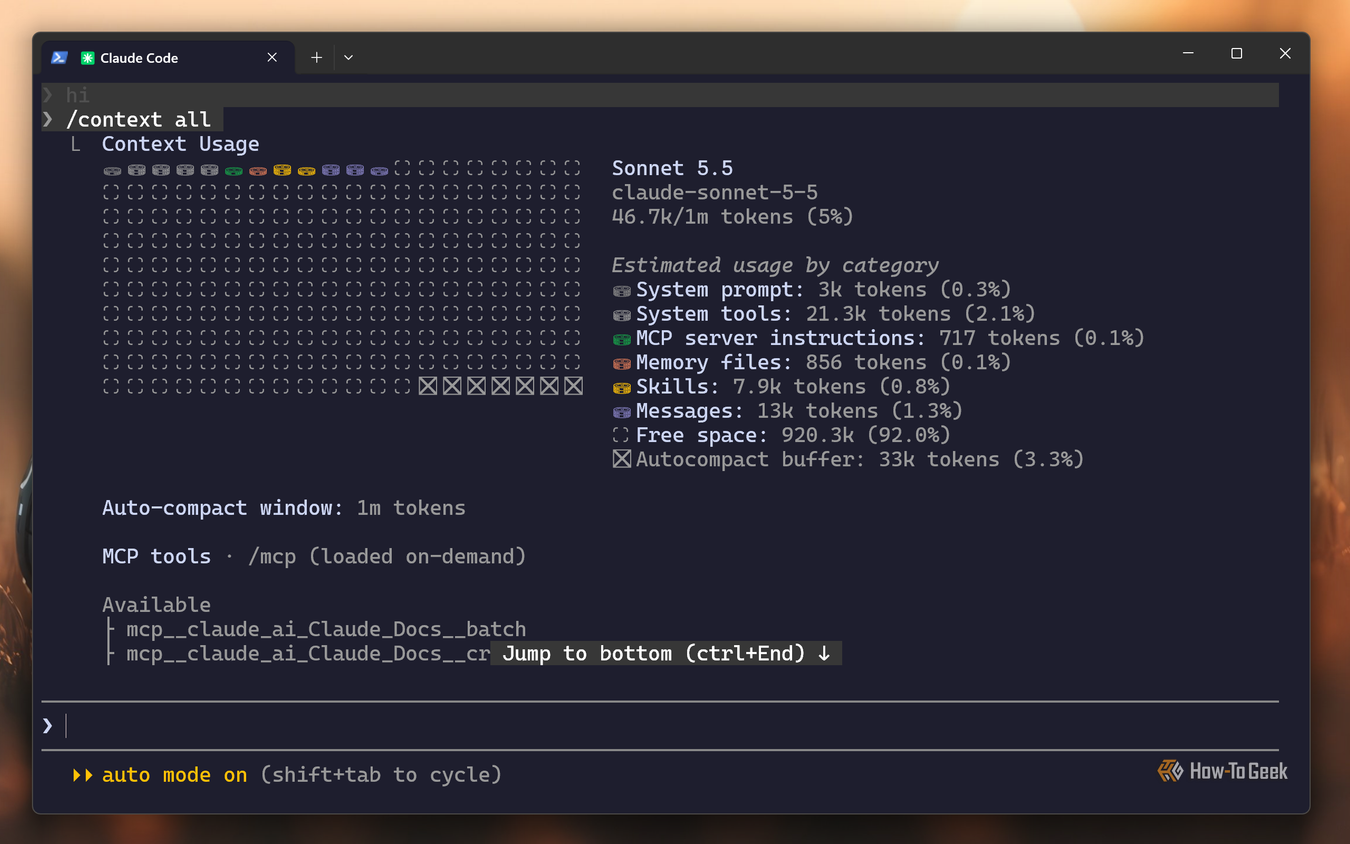 Claude Code CLI context all command showing 46.7K tokens with MCP tools loaded on demand.
