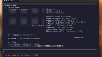 Claude Code CLI context all command showing 46.7K tokens with MCP tools loaded on demand.