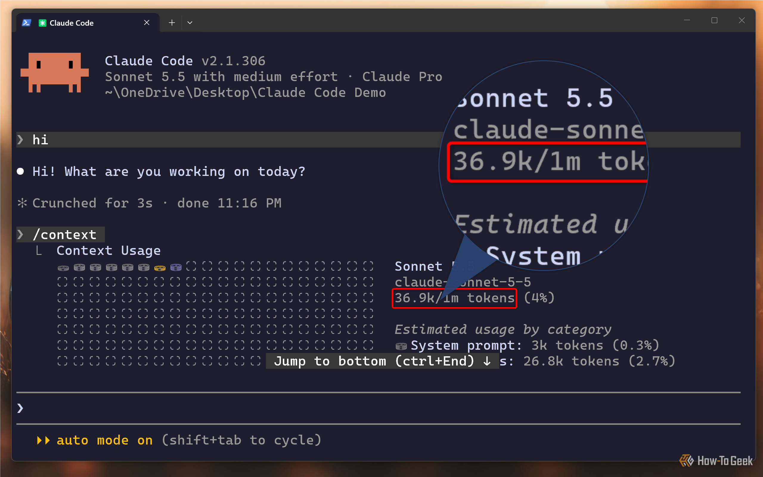Claude Code CLI context command in a stripped folder highlighting 36.9K of 1M tokens.