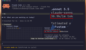Claude Code CLI context command in a stripped folder highlighting 36.9K of 1M tokens.