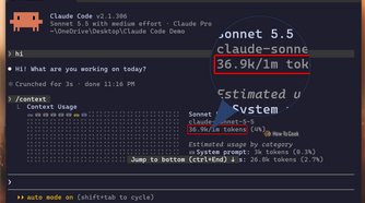 Claude Code CLI context command in a stripped folder highlighting 36.9K of 1M tokens.