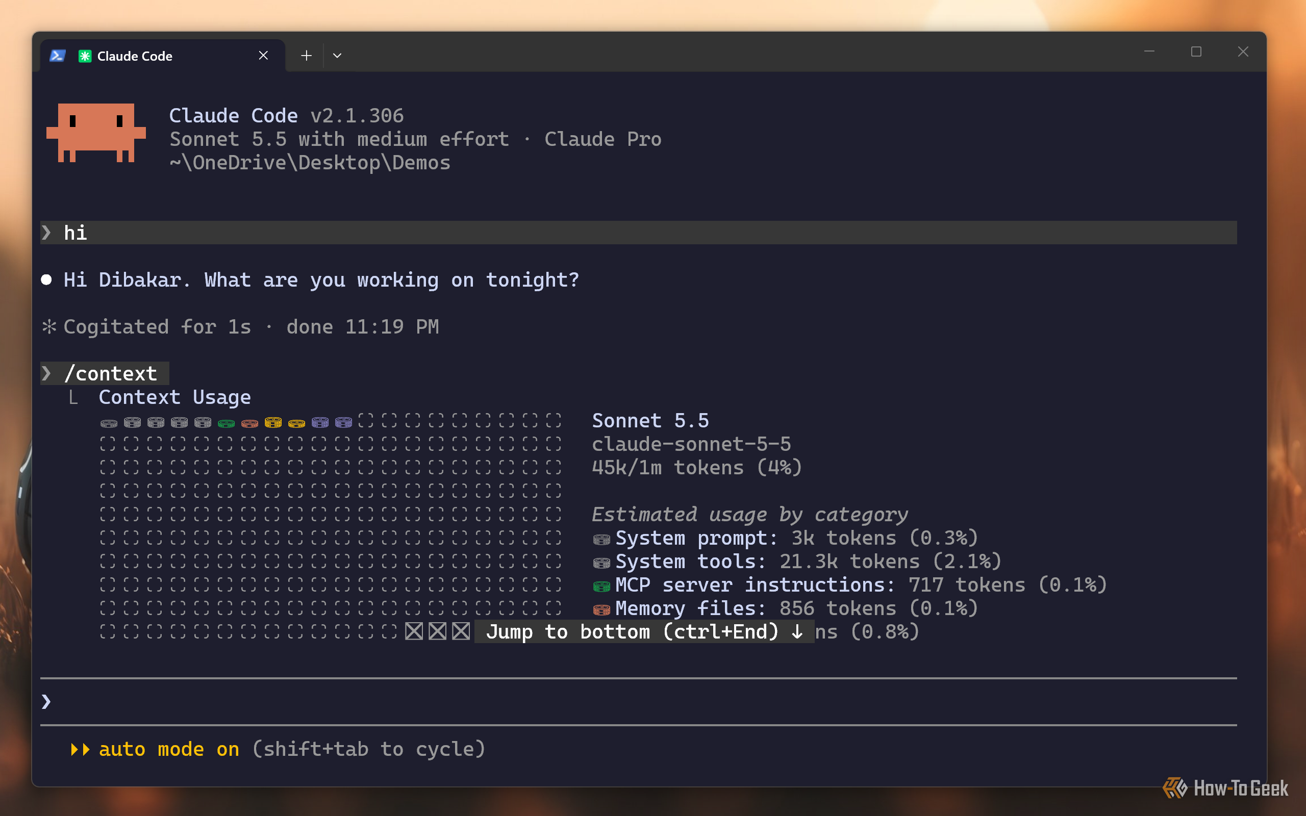 Claude Code CLI context command showing 45K of 1M tokens with a 3K system prompt in the Demos folder.