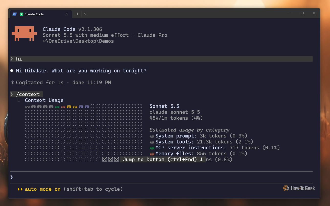 Claude Code CLI context command showing 45K of 1M tokens with a 3K system prompt in the Demos folder.