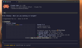 Claude Code CLI context command showing 45K of 1M tokens with a 3K system prompt in the Demos folder.