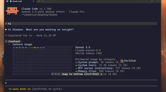Claude Code CLI context command showing 45K of 1M tokens with a 3K system prompt in the Demos folder.