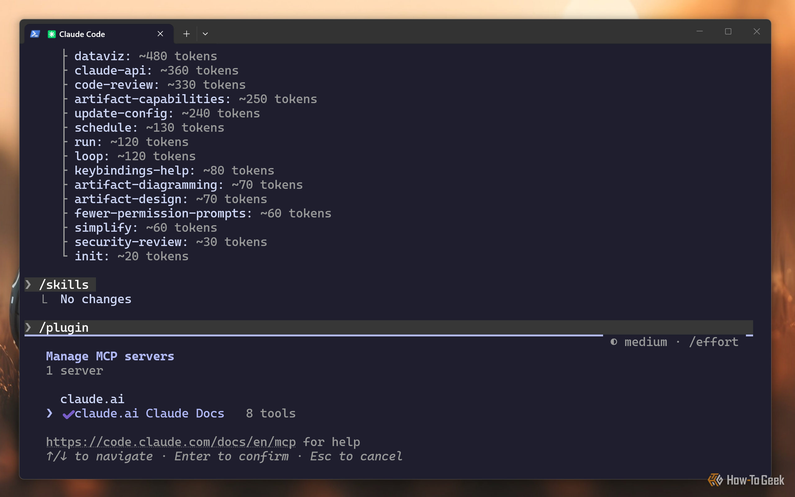 Claude Code CLI MCP server manager showing only the Claude Docs server with 8 tools.