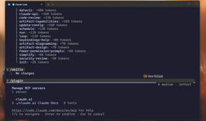 Claude Code CLI MCP server manager showing only the Claude Docs server with 8 tools.