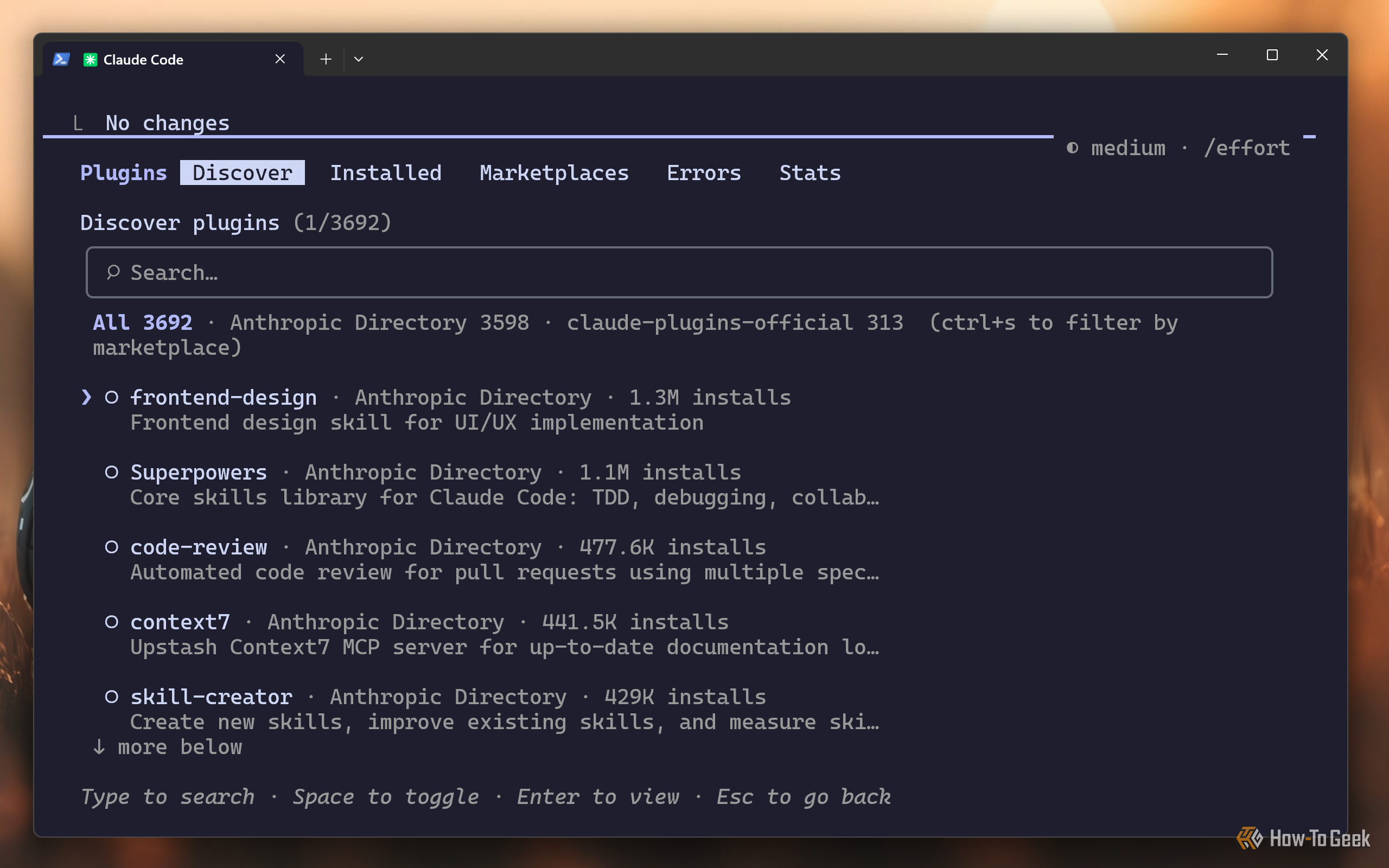 Claude Code CLI plugin Discover tab listing 3692 plugins led by frontend-design and Superpowers.