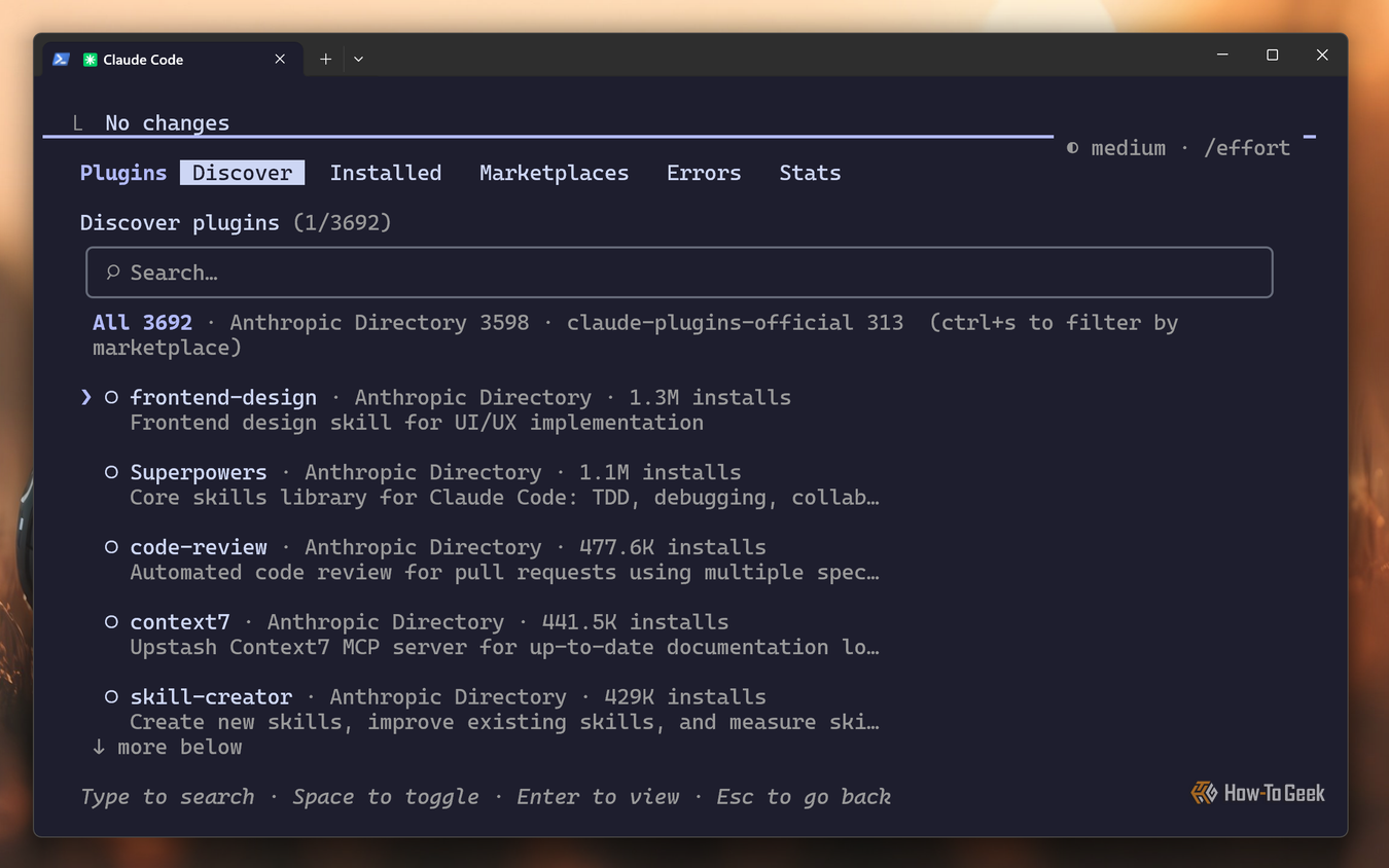 Claude Code CLI plugin Discover tab listing 3692 plugins led by frontend-design and Superpowers.