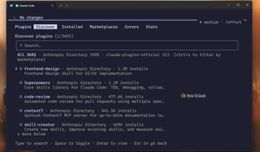 Claude Code CLI plugin Discover tab listing 3692 plugins led by frontend-design and Superpowers.