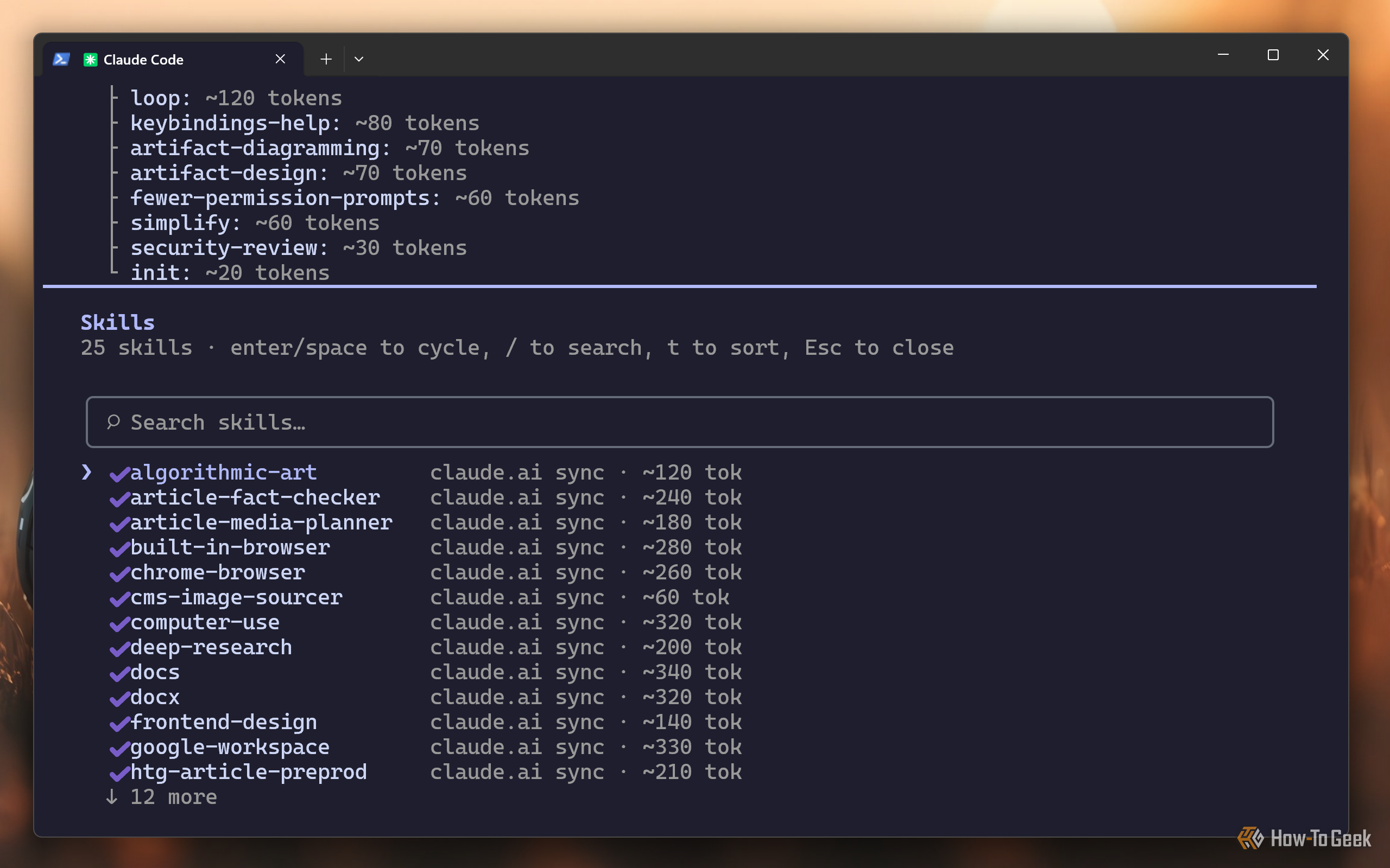 Claude Code CLI skills menu listing 25 claude.ai synced skills with per-skill token costs.