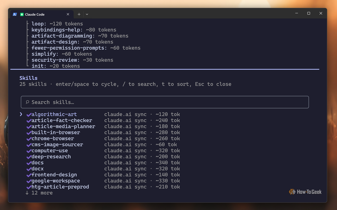 Claude Code CLI skills menu listing 25 claude.ai synced skills with per-skill token costs.