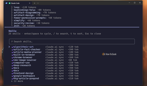 Claude Code CLI skills menu listing 25 claude.ai synced skills with per-skill token costs.