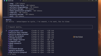 Claude Code CLI skills menu listing 25 claude.ai synced skills with per-skill token costs.