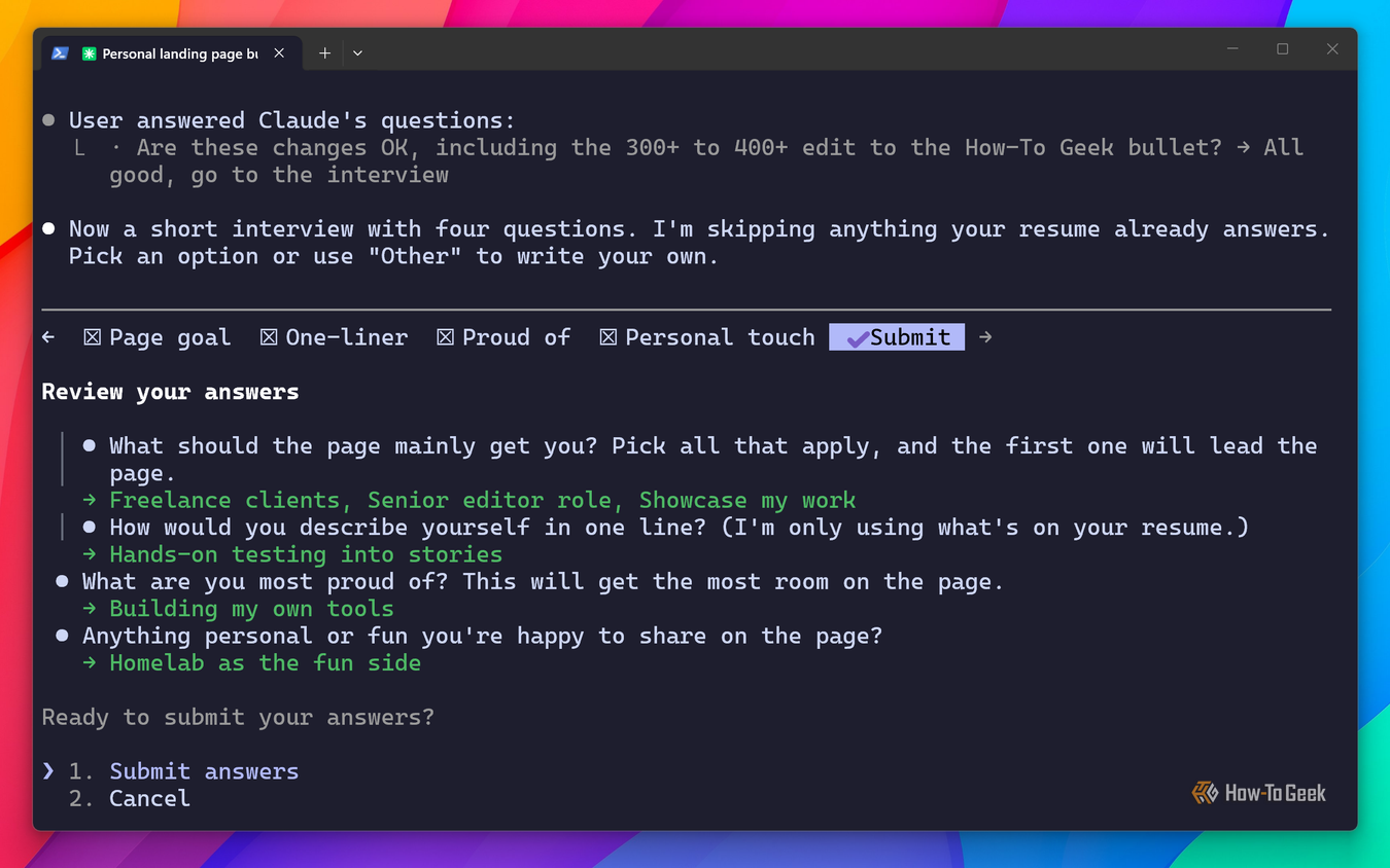 Claude Code interview answers review covering page goal, one-liner, proudest work, and homelab as the personal touch.