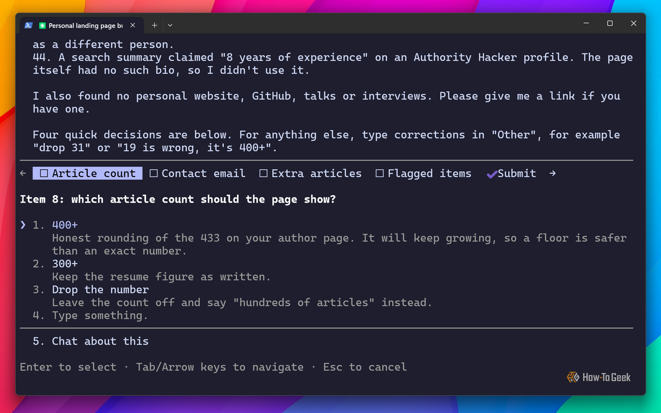 Claude Code multiple-choice question tabs asking which article count the page should show.
