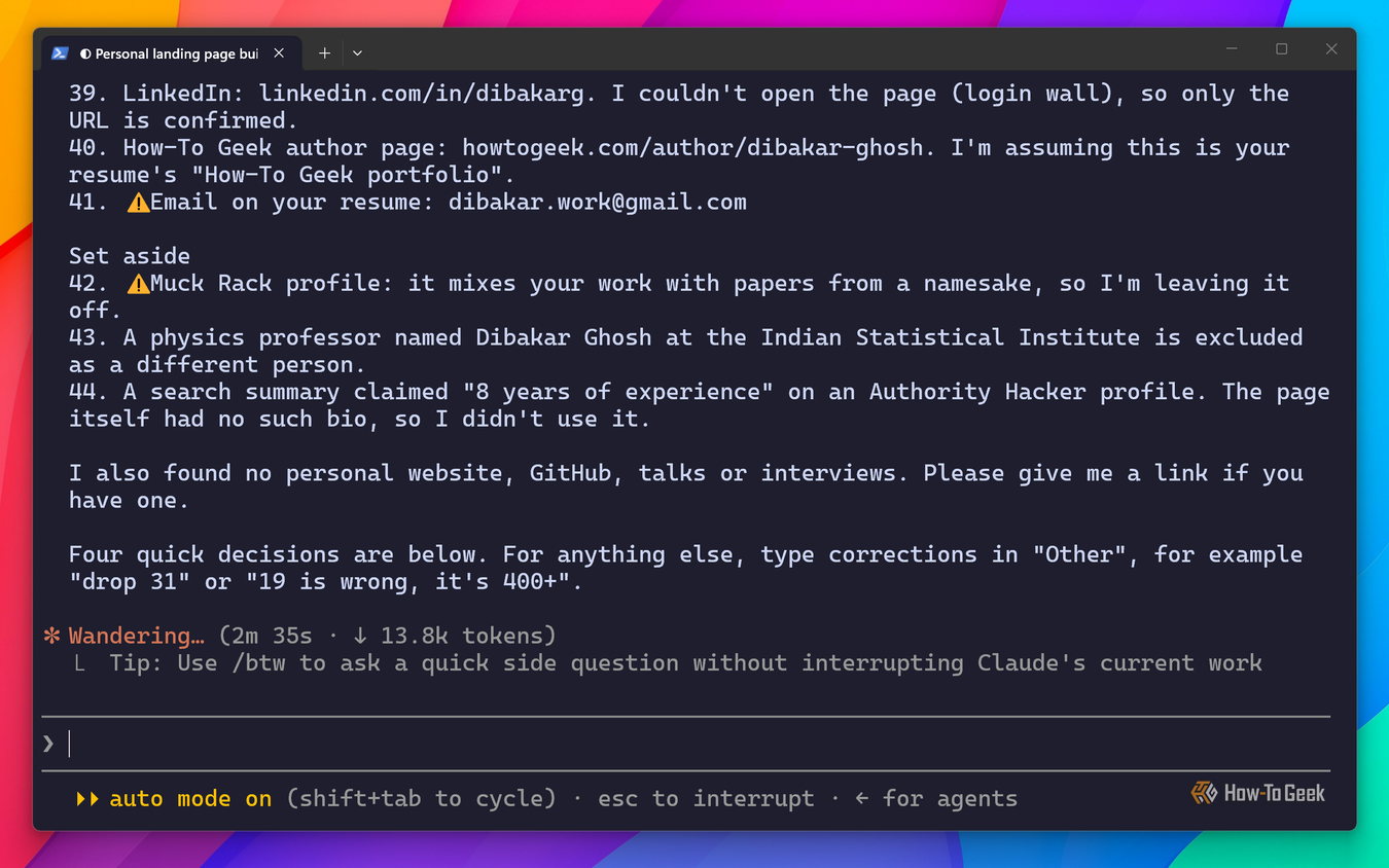Claude Code research findings listing confirmed LinkedIn and How-To Geek profiles and set-aside namesake results.