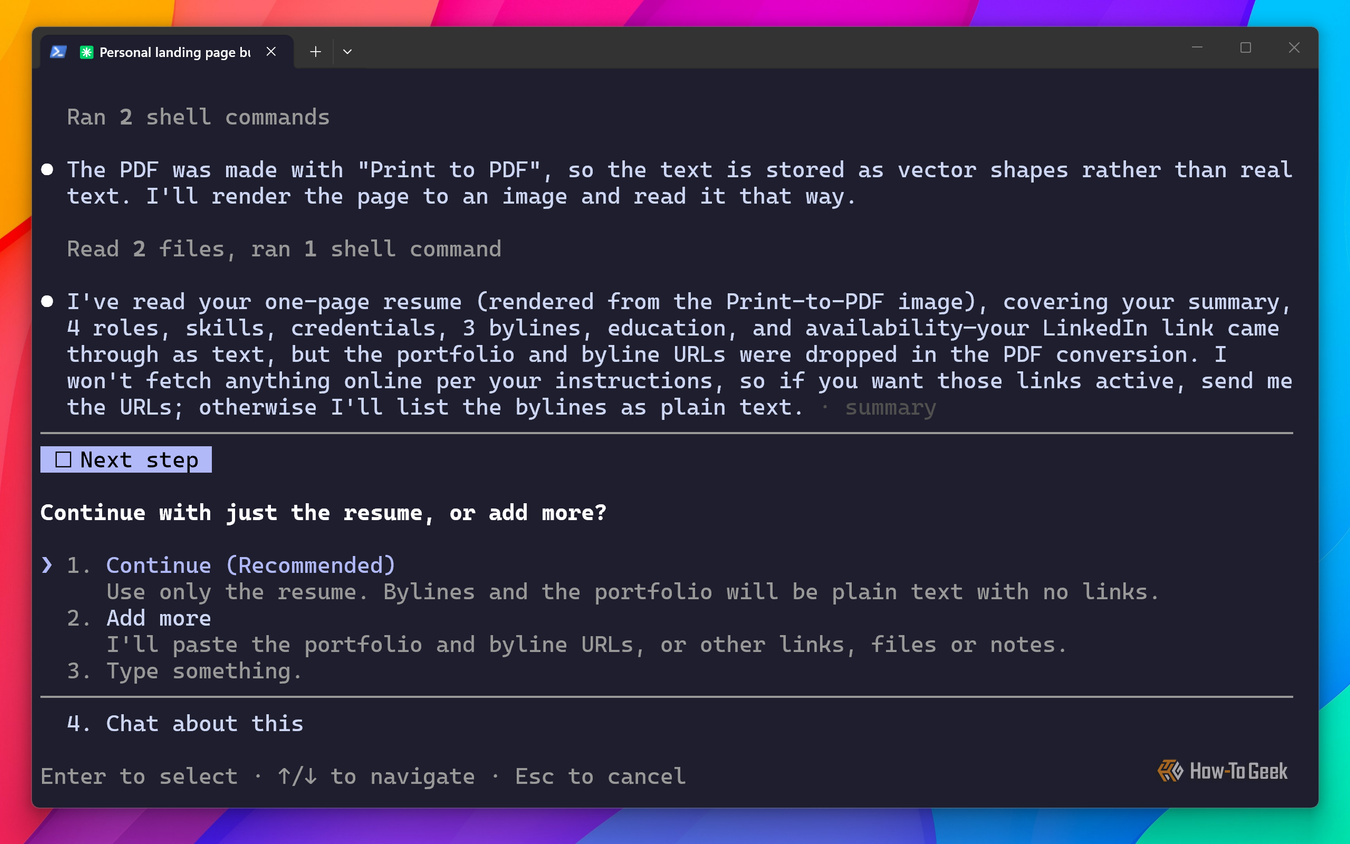 Claude Code summarizing the parsed resume and asking whether to continue with just the resume or add more.