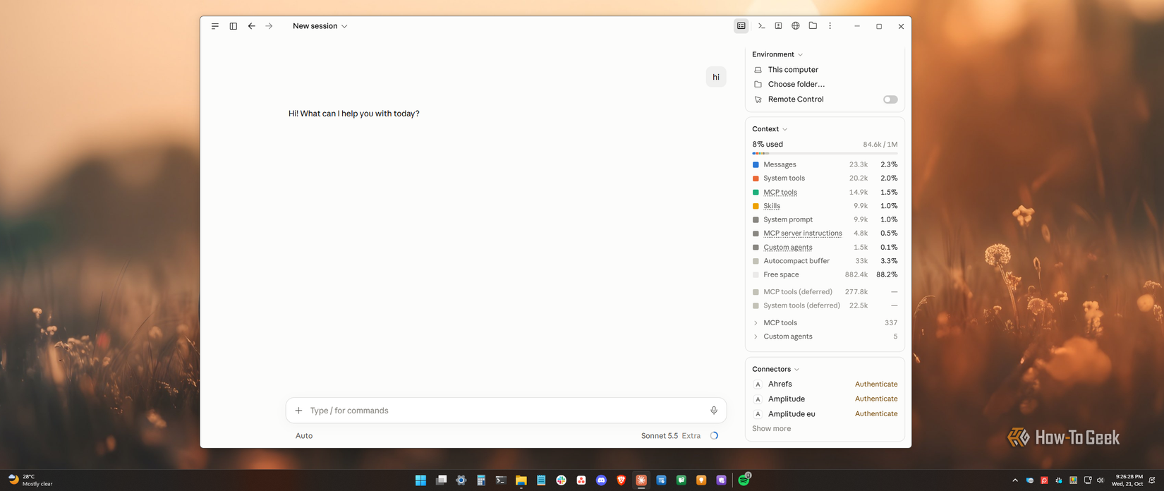 Claude desktop app Code mode after a hi message with the Context panel showing 84.6K of 1M tokens used.