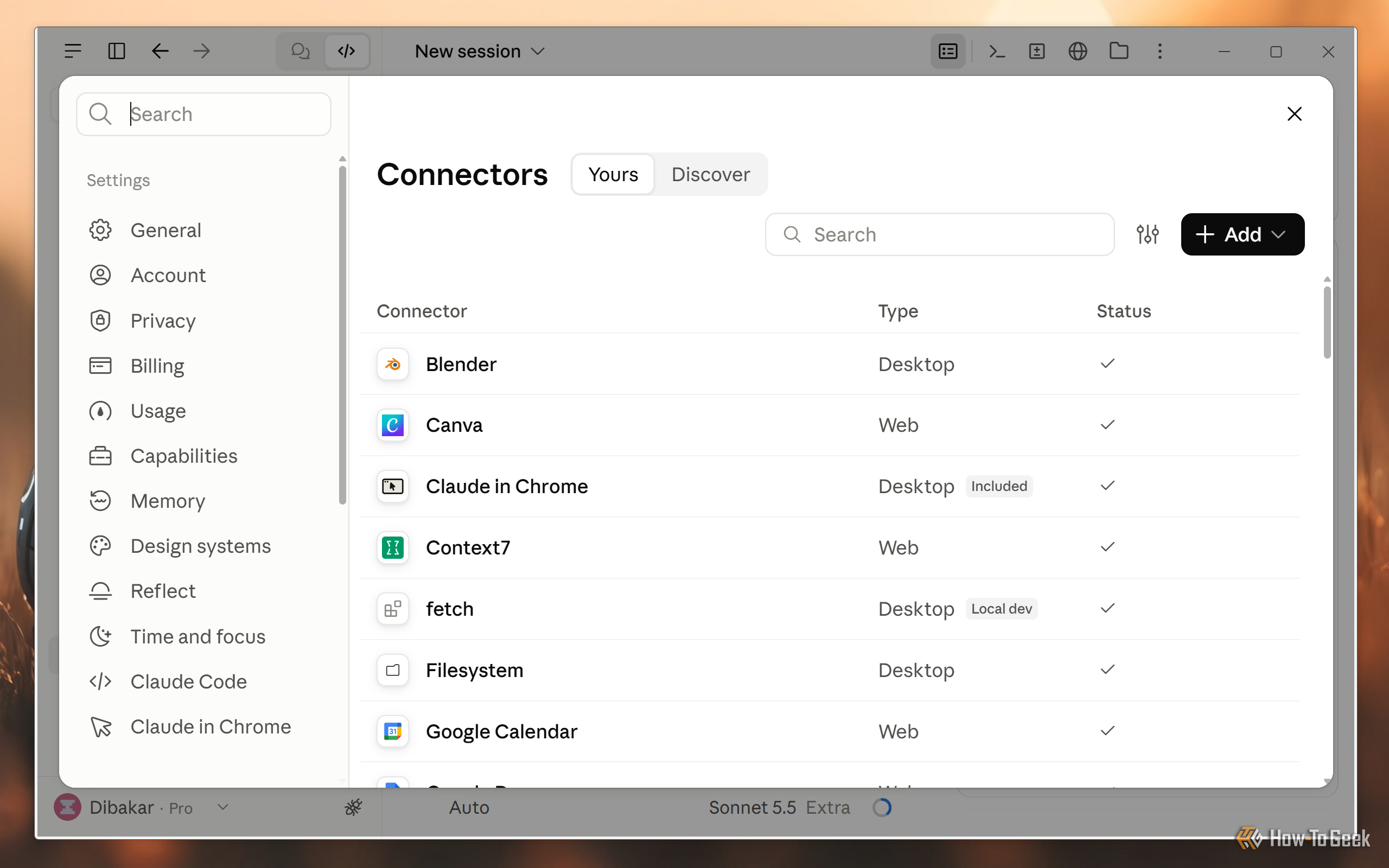 Claude desktop app Connectors settings before cleanup with Blender, Canva, Context7, fetch and Google Calendar enabled.