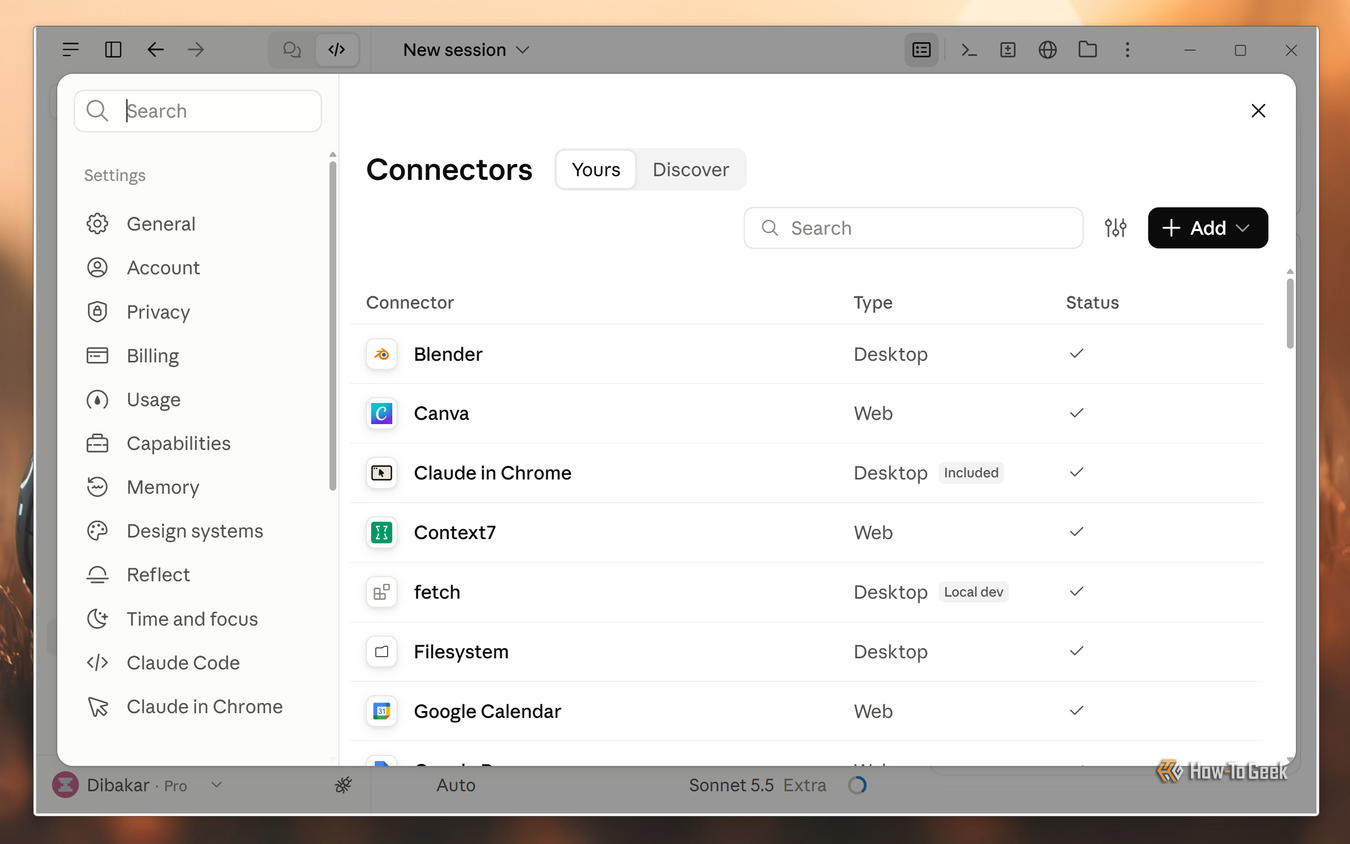 Claude desktop app Connectors settings before cleanup with Blender, Canva, Context7, fetch and Google Calendar enabled.