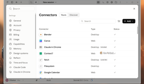 Claude desktop app Connectors settings before cleanup with Blender, Canva, Context7, fetch and Google Calendar enabled.