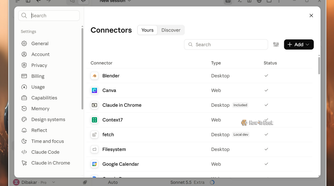 Claude desktop app Connectors settings before cleanup with Blender, Canva, Context7, fetch and Google Calendar enabled.