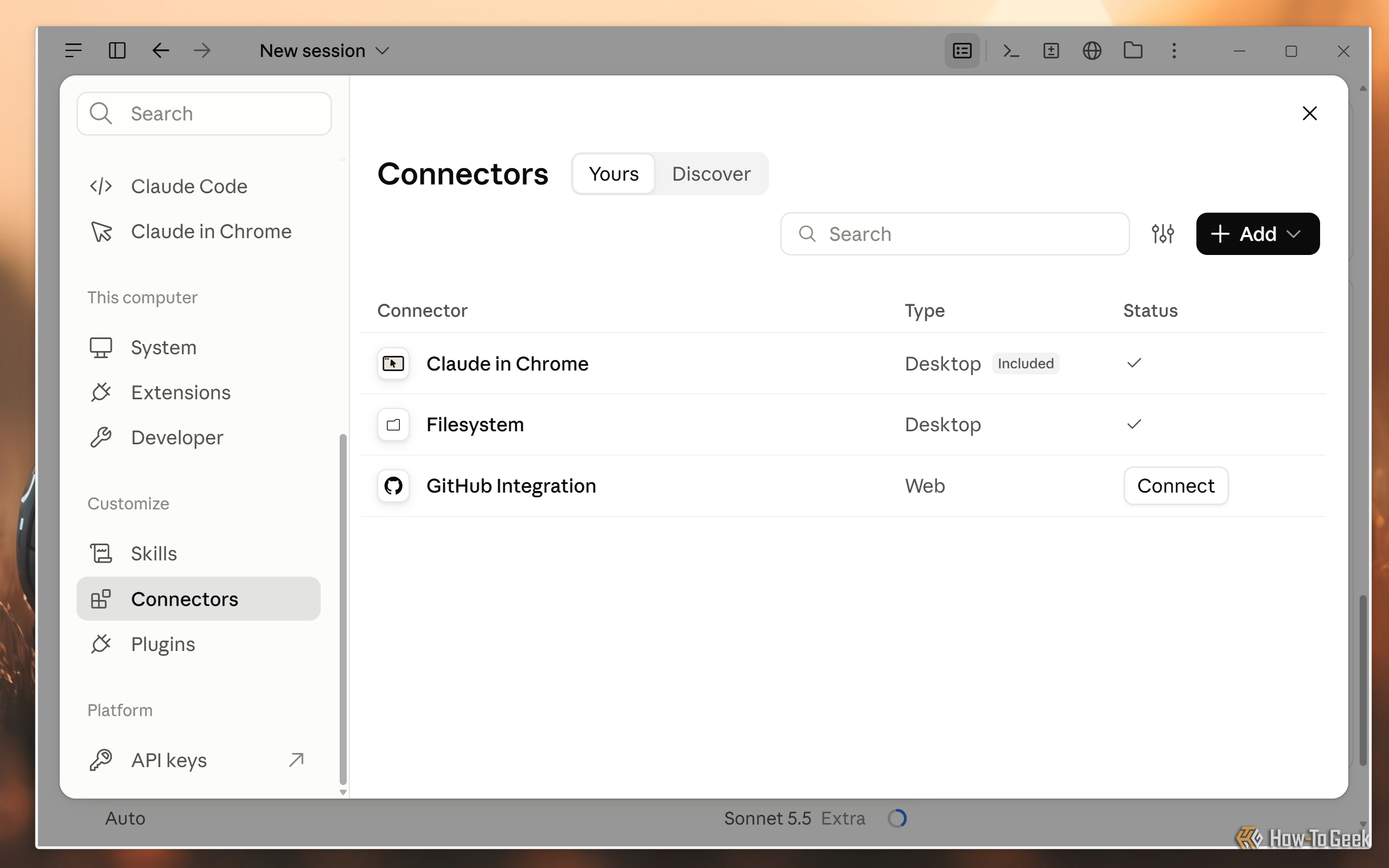 Claude desktop app Connectors settings stripped down to Claude in Chrome and Filesystem.