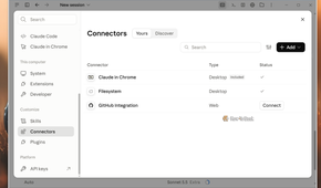 Claude desktop app Connectors settings stripped down to Claude in Chrome and Filesystem.