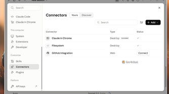 Claude desktop app Connectors settings stripped down to Claude in Chrome and Filesystem.