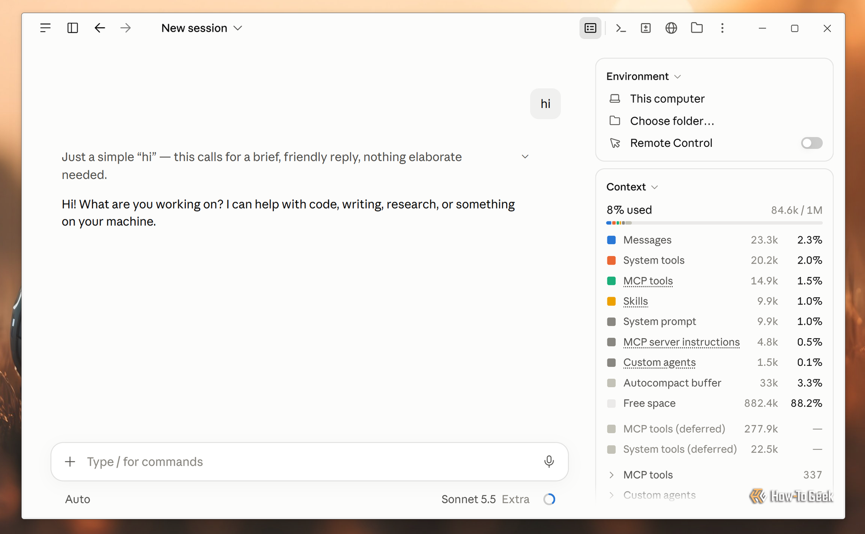 Claude desktop app Context breakdown before cleanup with Messages at 23.3K, MCP tools at 14.9K and Skills at 9.9K.
