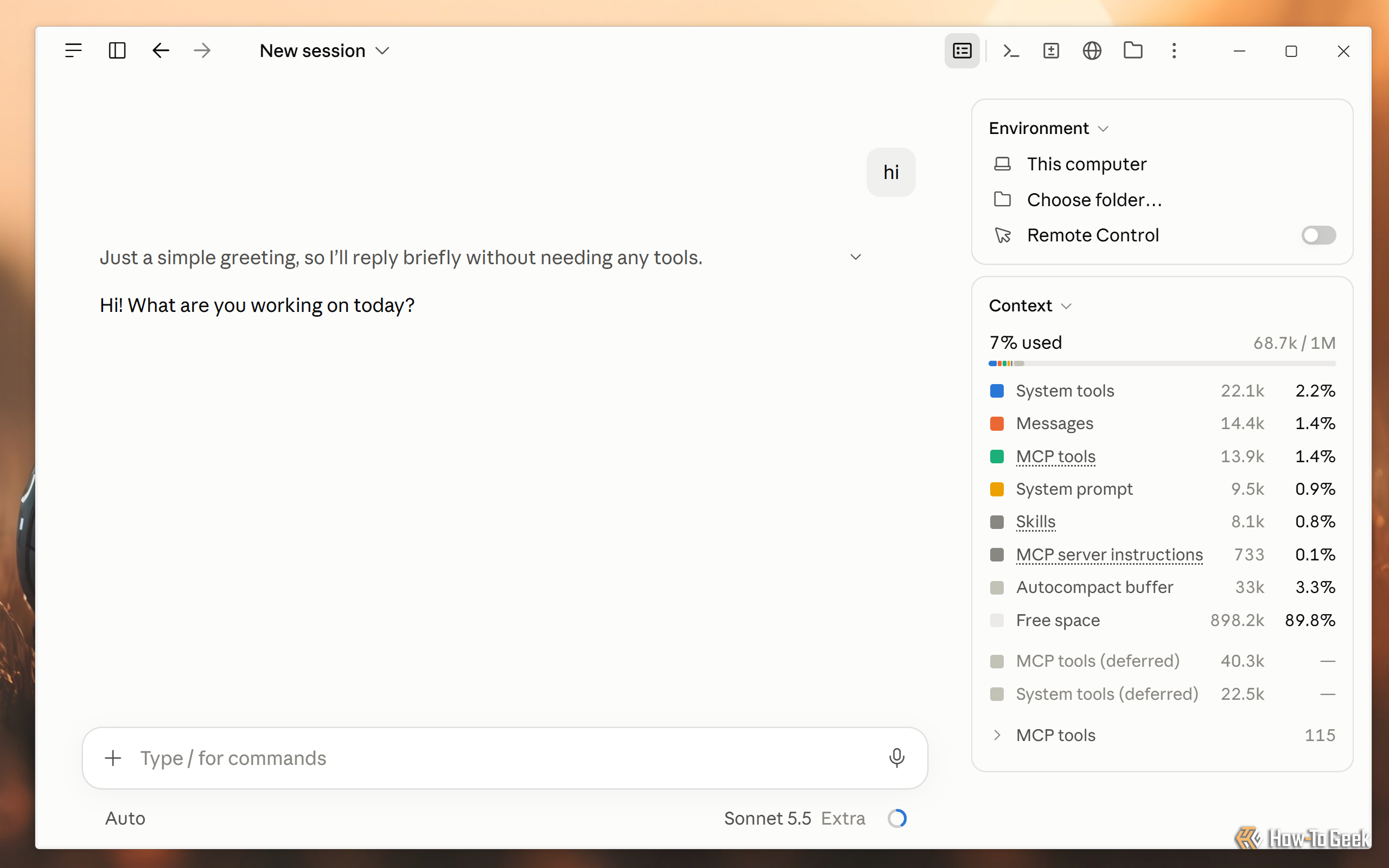Claude desktop app Context panel after cleanup showing 68.7K of 1M tokens used after a hi message.