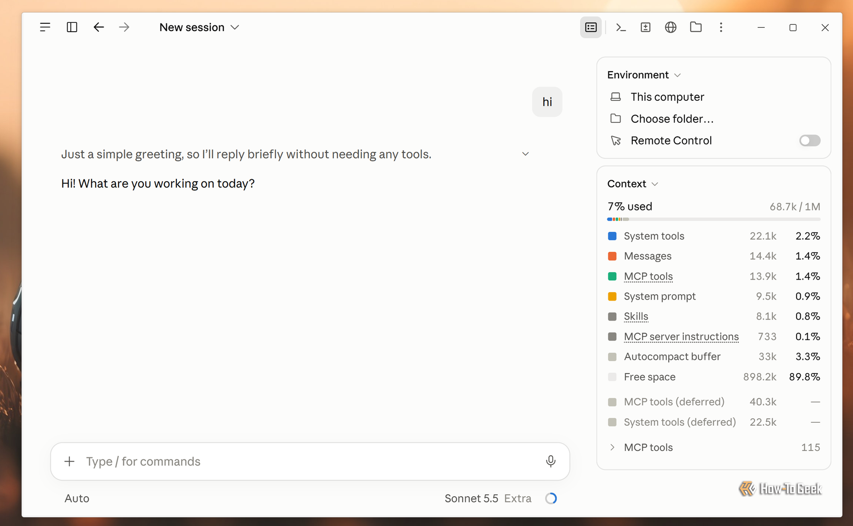 Claude desktop app Context panel after cleanup showing 68.7K of 1M tokens used after a hi message.