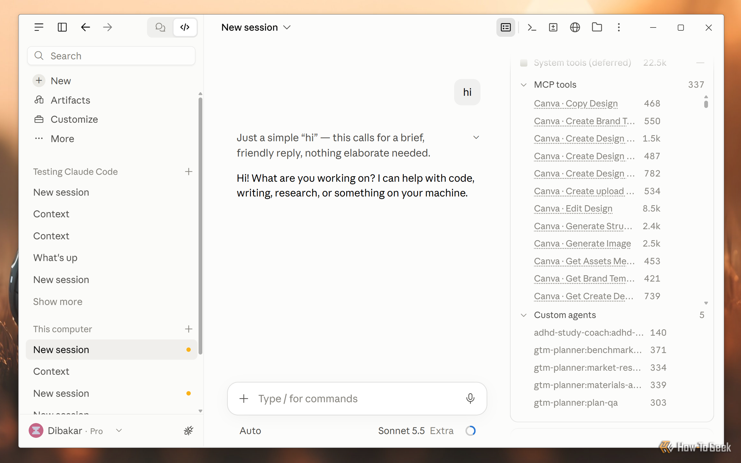 Claude desktop app Context panel with 337 MCP tools expanded, listing Canva tools and five custom agents.