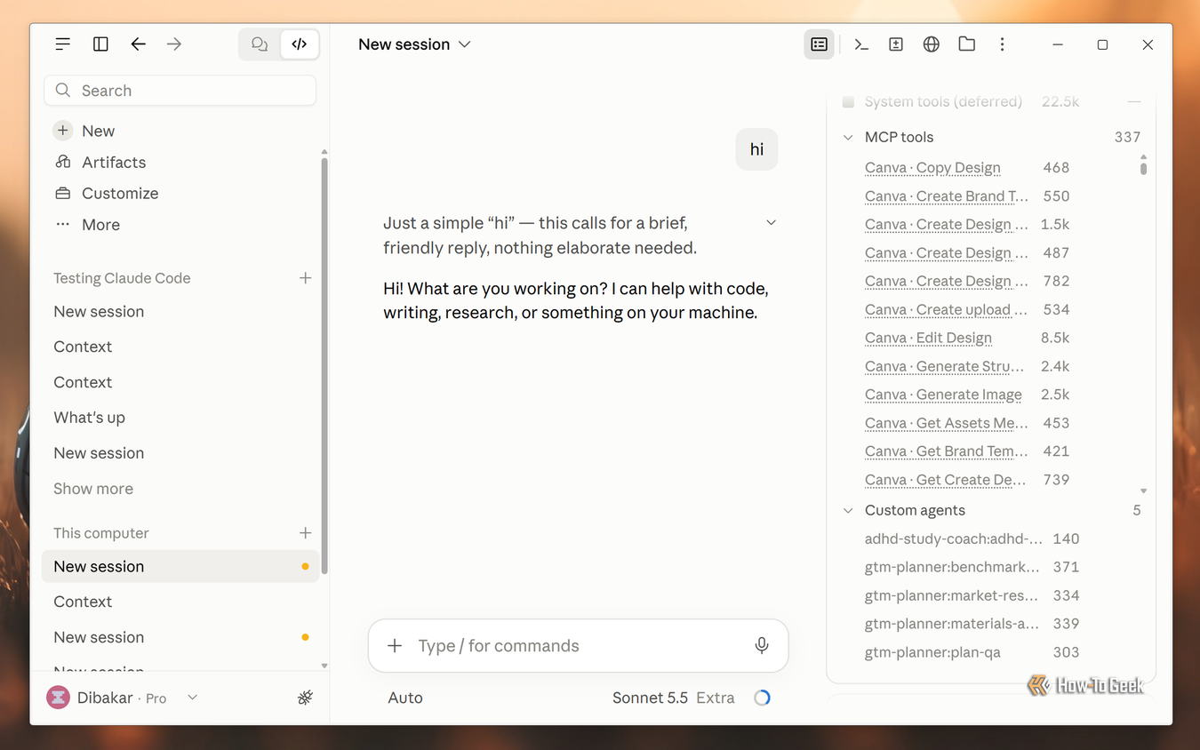 Claude desktop app Context panel with 337 MCP tools expanded, listing Canva tools and five custom agents.