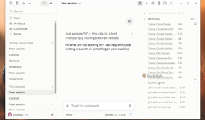 Claude desktop app Context panel with 337 MCP tools expanded, listing Canva tools and five custom agents.