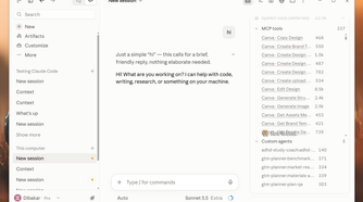 Claude desktop app Context panel with 337 MCP tools expanded, listing Canva tools and five custom agents.